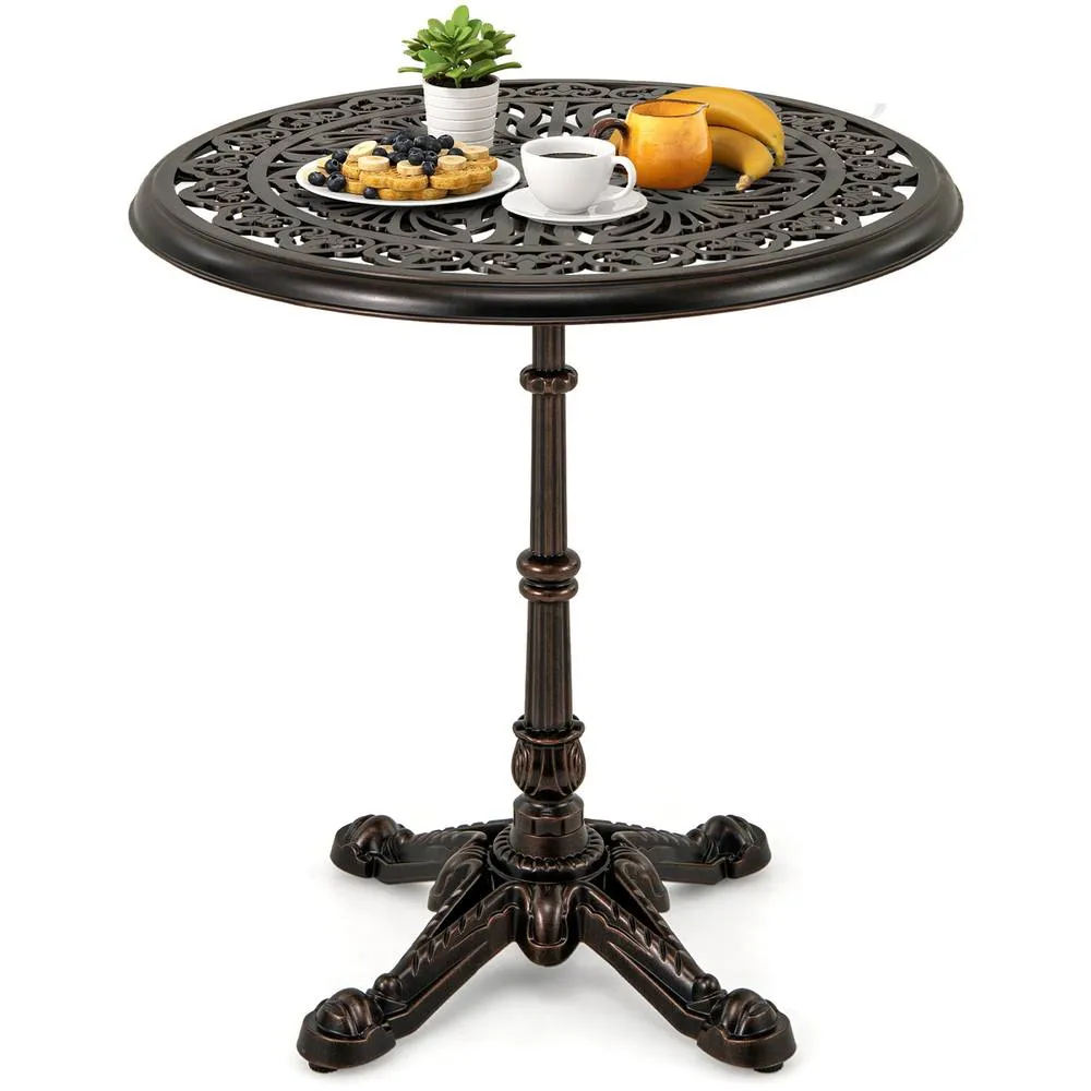 Costway 68CM Round Cast Aluminum Patio Bistro Table Accent Table-Copper in Brown