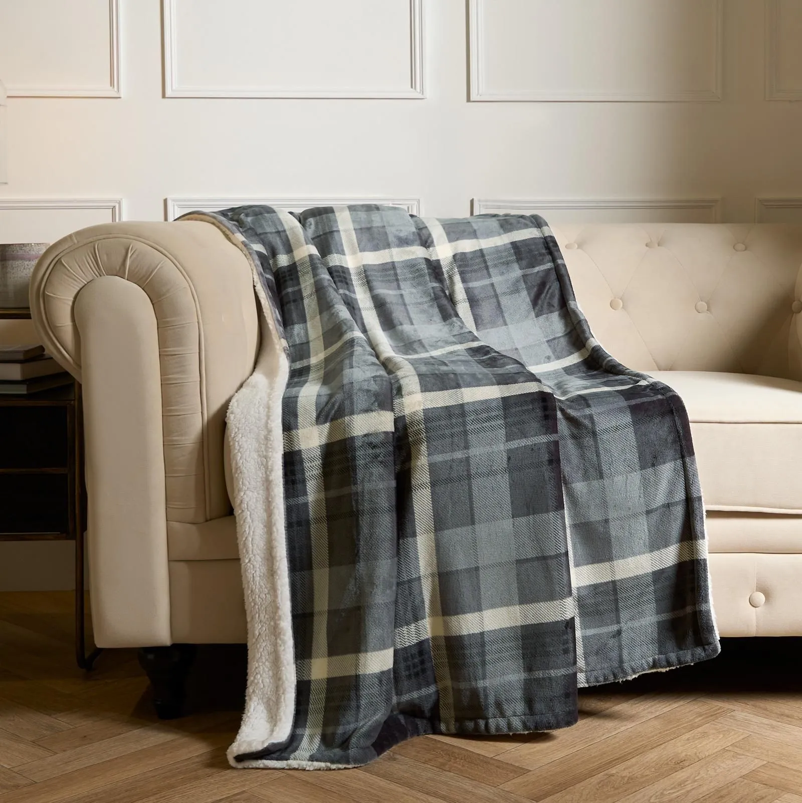 OHS Flannel Check Sherpa Fleece Soft Warm Throw in Charcoal