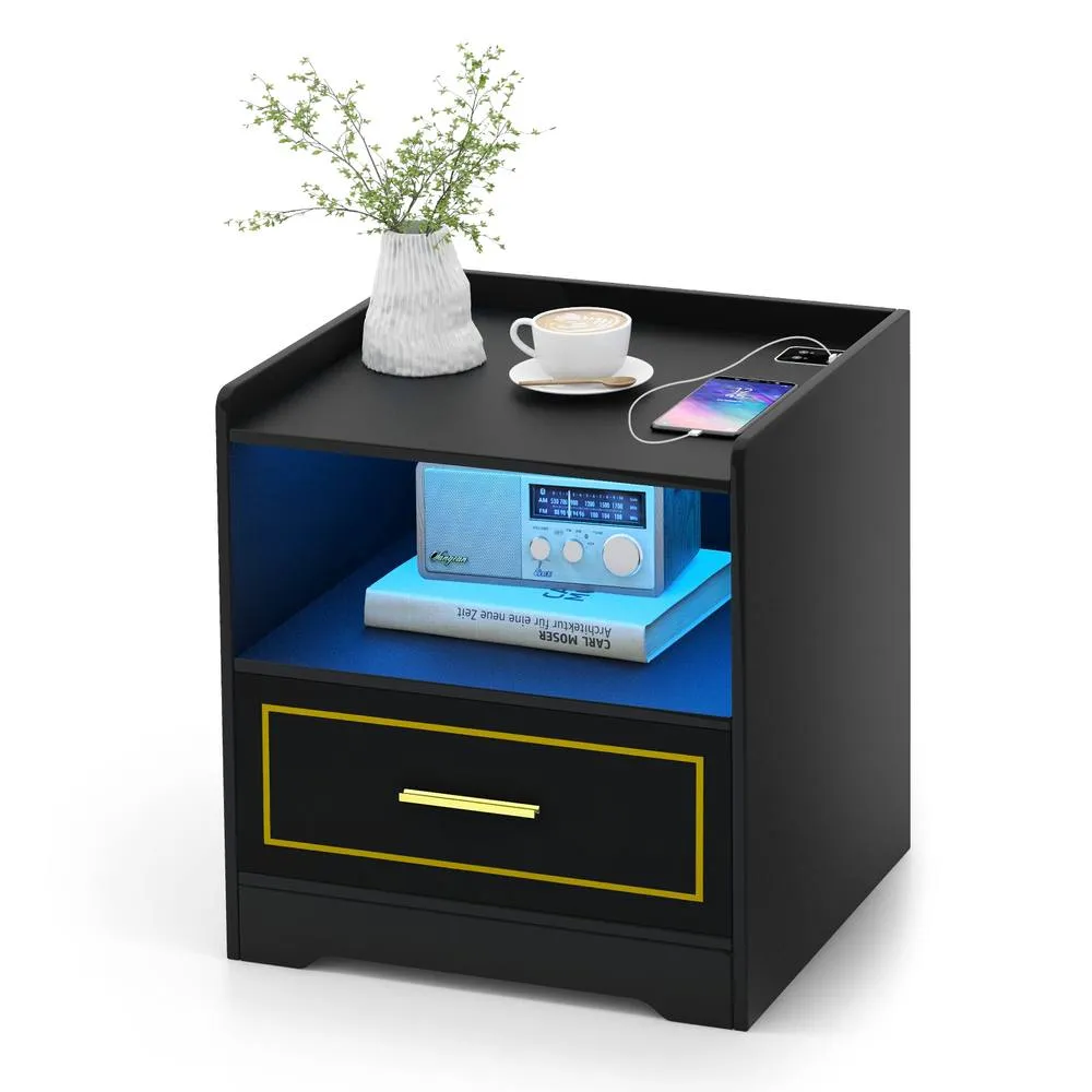 Costway LED Nightstand Smart Bedside Table Cabinet Side End Table Storage Living Room in Black