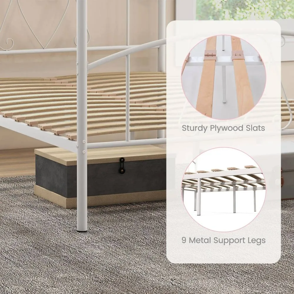 Costway Double Size Metal Canopy Bed Frame 4-Poster Modern Platform Wooden Slat Support in White 6