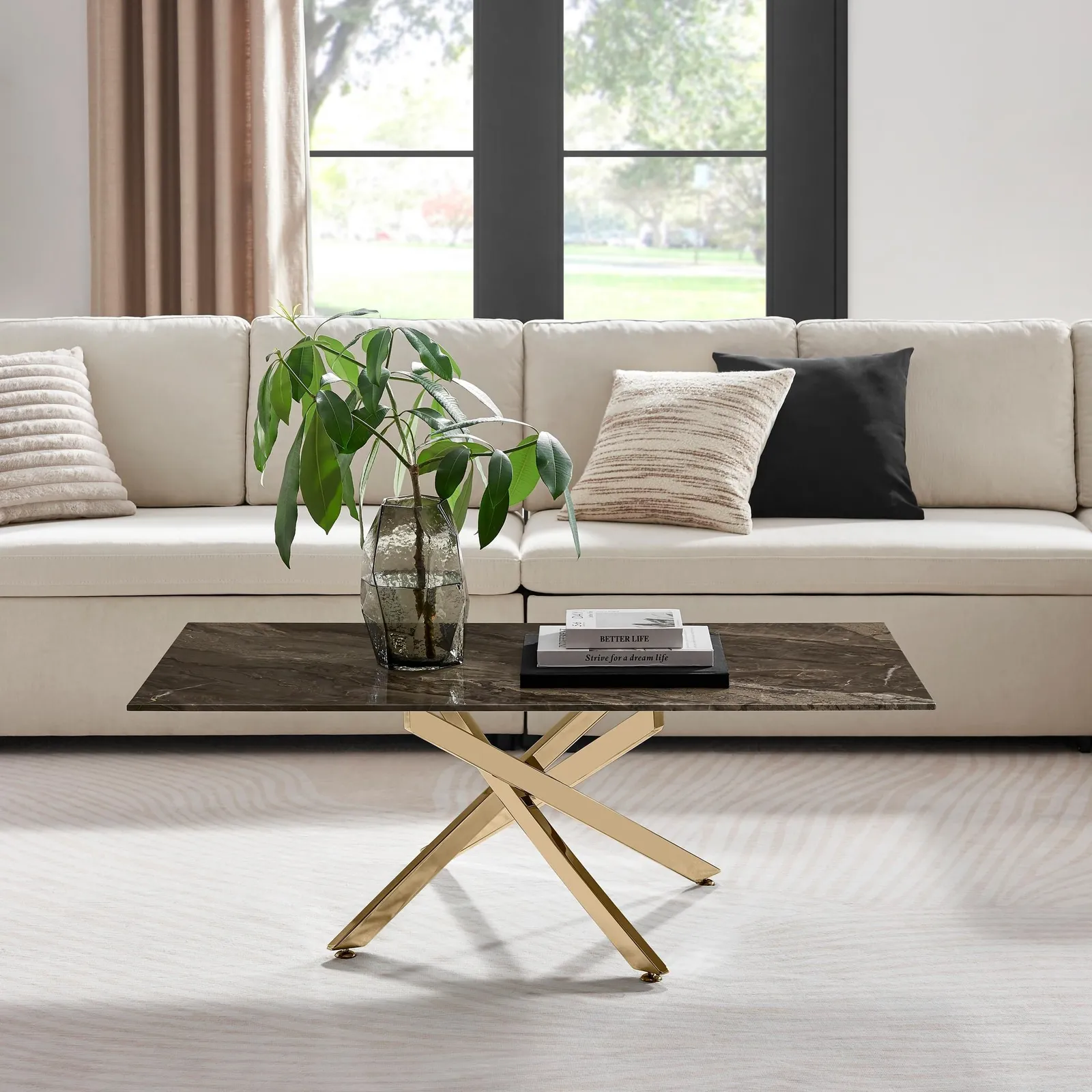 FurnitureboxUK Leonardo Rectangular Marble Effect Glass Top Coffee Table With Gold Metal Starburst Legs in Grey