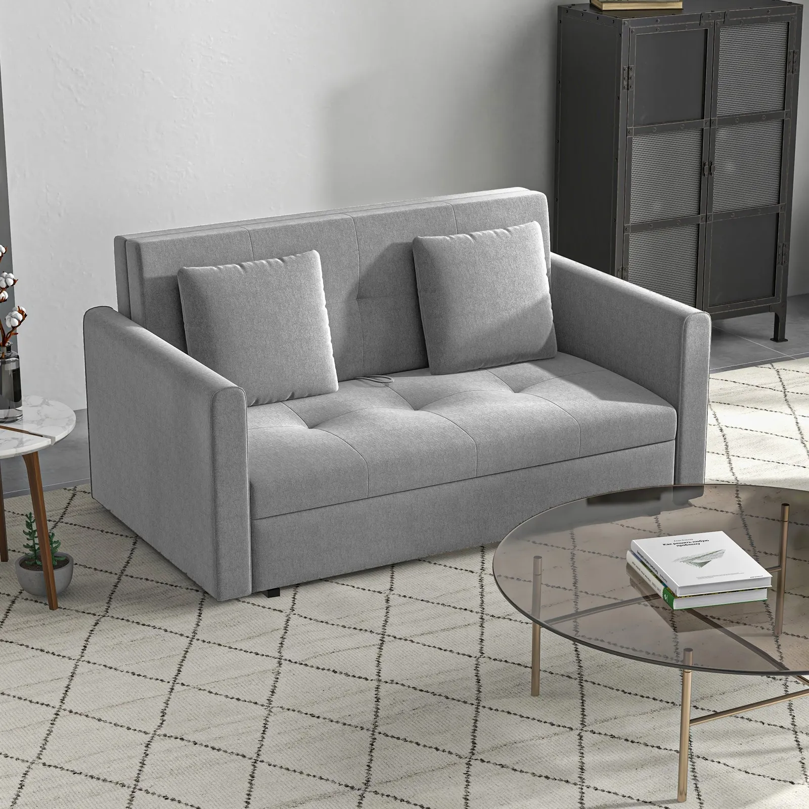 HOMCOM Convertible 2 Seater Sofa Bed with 2 Cushions Storage for Living Room in Grey 1
