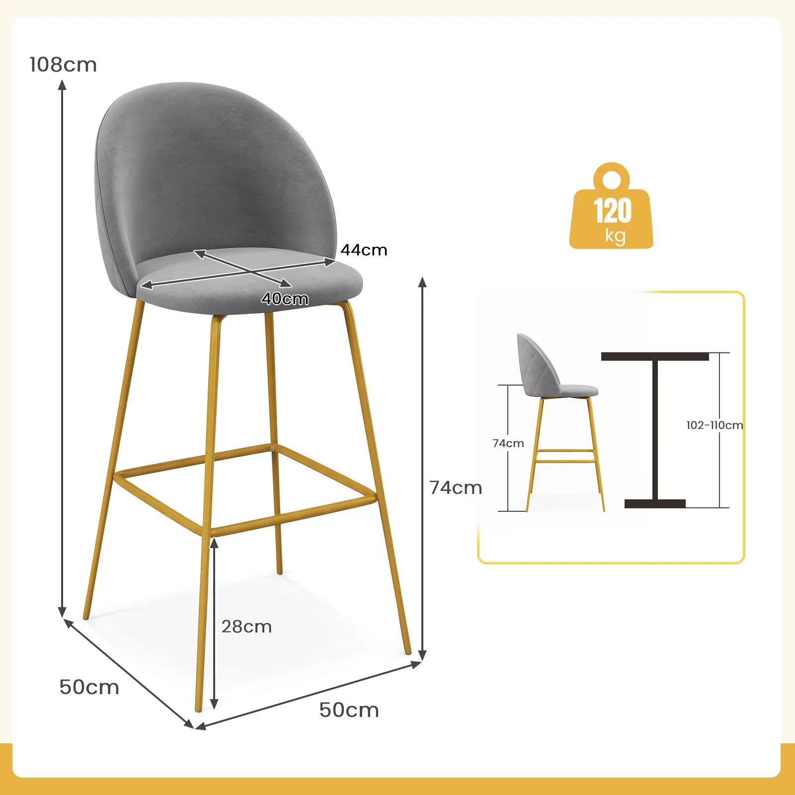 Costway Set of 2 Bar Stools Soft Velvet Upholstered Bar Chairs Pub Stool Chair High Back in Grey 2