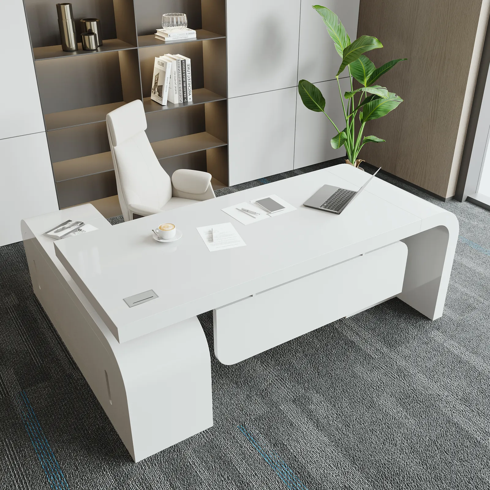 1800mm White L-shaped Modern Executive Desk Right Hand & Reclining Leather Office Chair