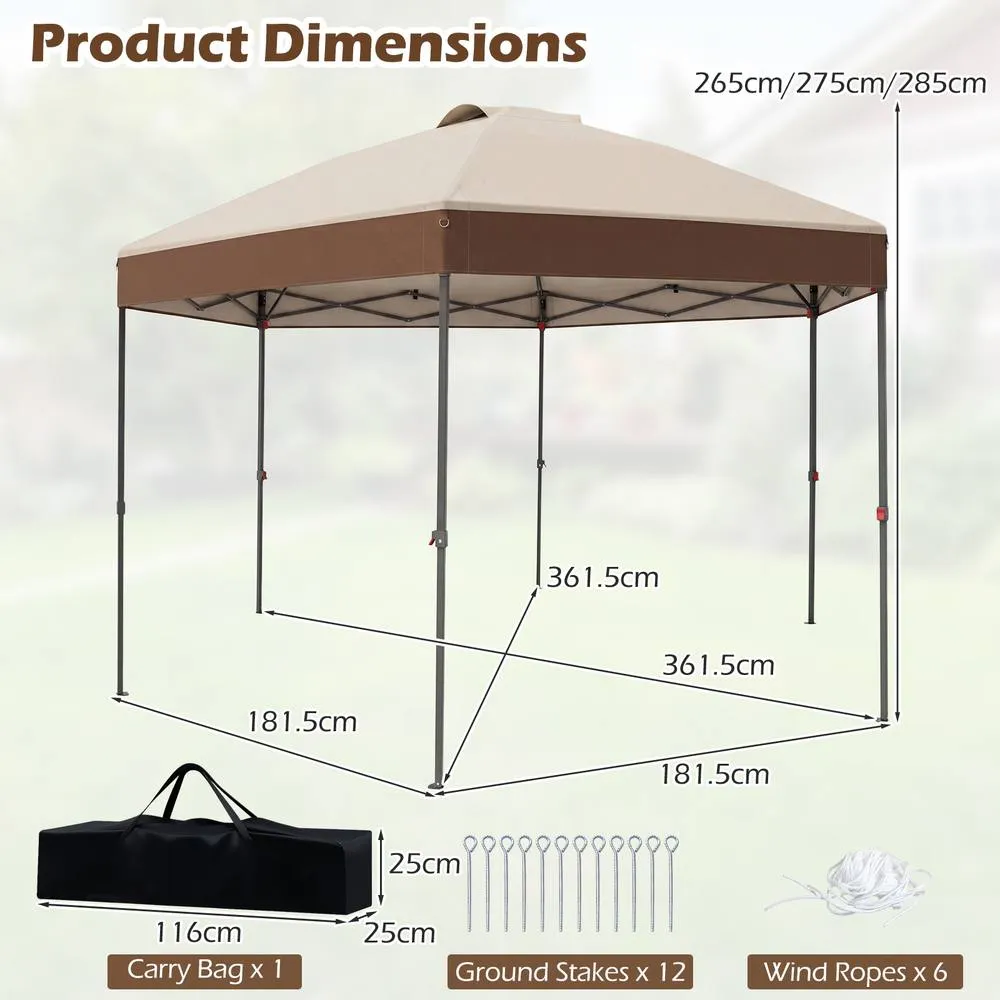 Costway 3.6x3.6m Pop Up Garden Gazebo Adjustable Height Canopy Tent w/Pegs in Brown 2