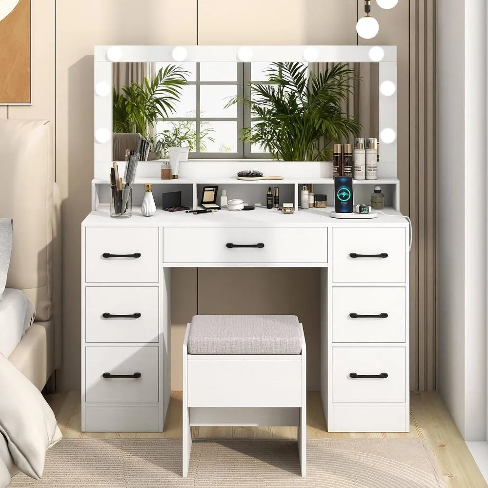 Costway Vanity Desk with Mirror & Lights Makeup Table with 7 Drawers in White 3