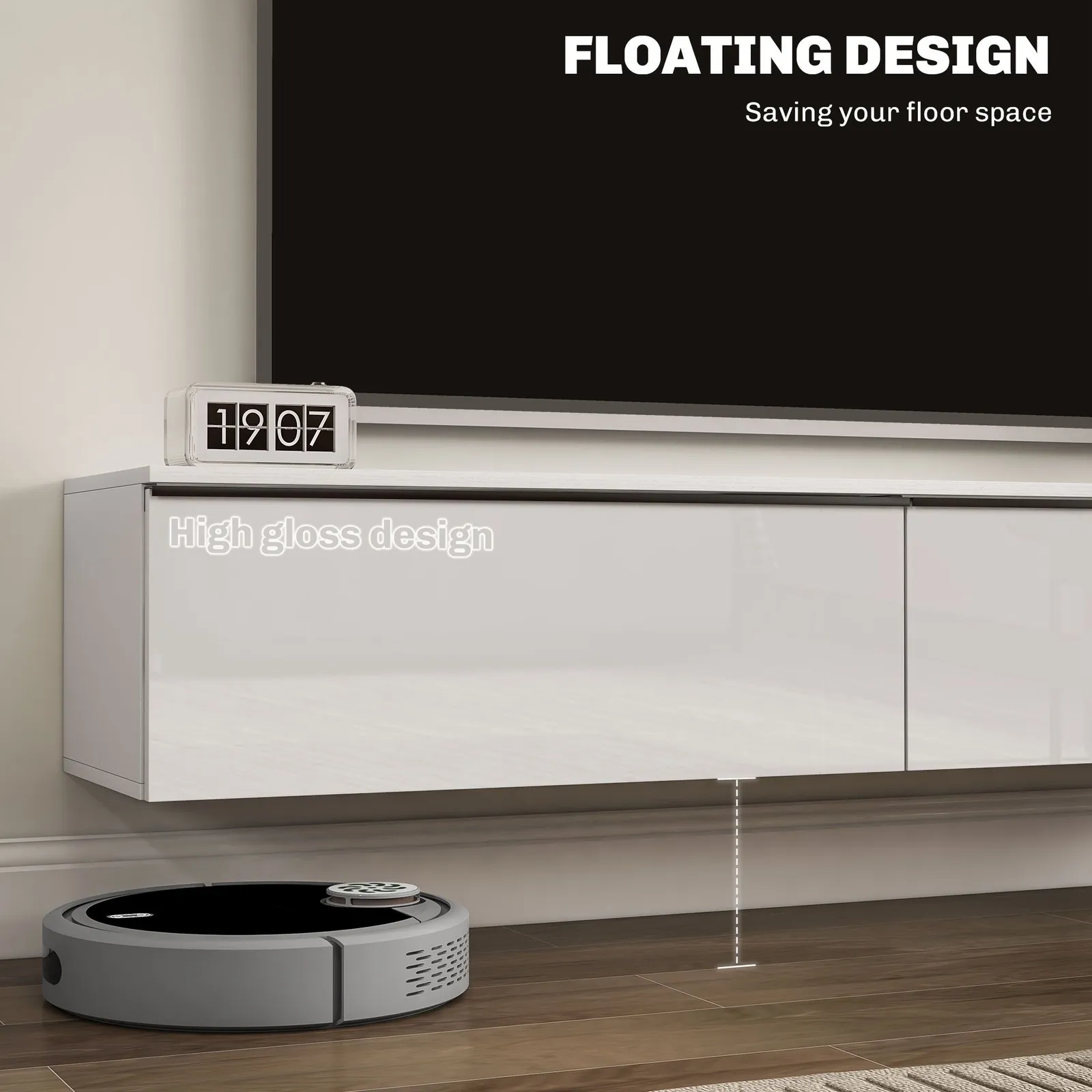 HOMCOM Wall Mounted TV Stand Unit with Storage & High Gloss Effect, White 4