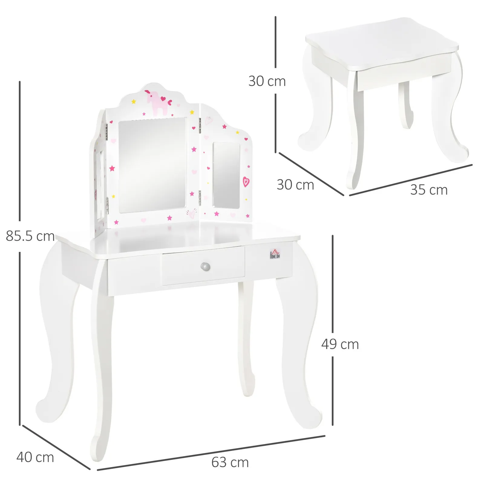 HOMCOM Makeup Dressing Table Set with Tri-Folding Mirror & Drawer in White 3