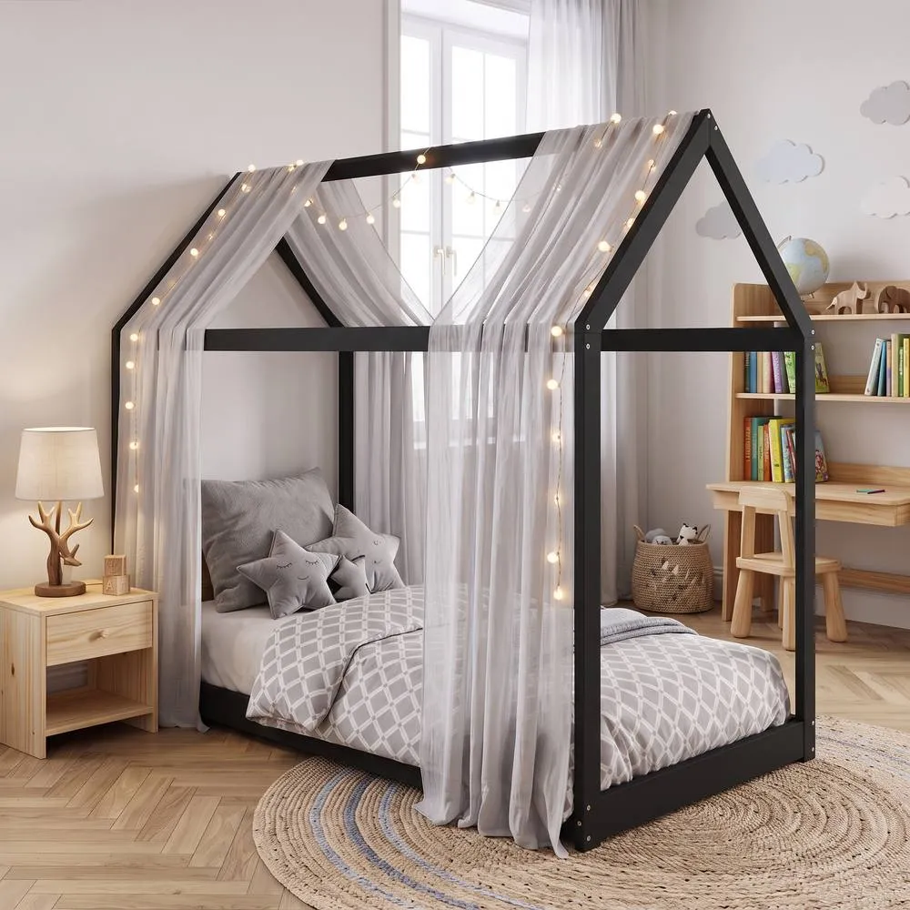 HOMCOM Single Bed Frame for 90Wx190D cm Mattress, Pine Wood Frame, BlacK 2