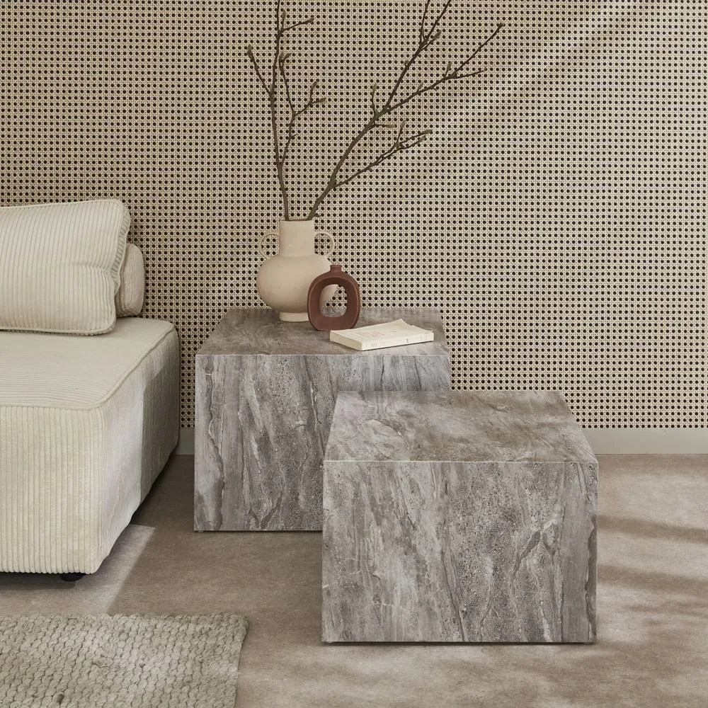 sweeek Pair Of Square Coffee Tables With Marble Effect in Grey 4