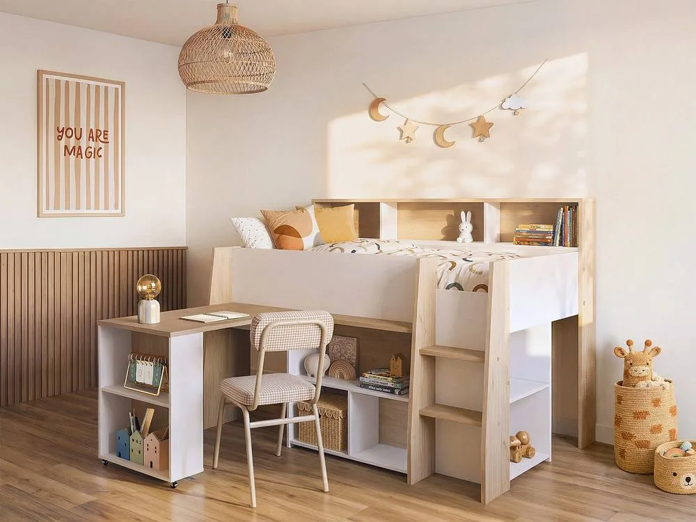Vente-unique Combination Bed 90 X 200 Cm With Desk & Storage - White & Natural in Light Oak 3