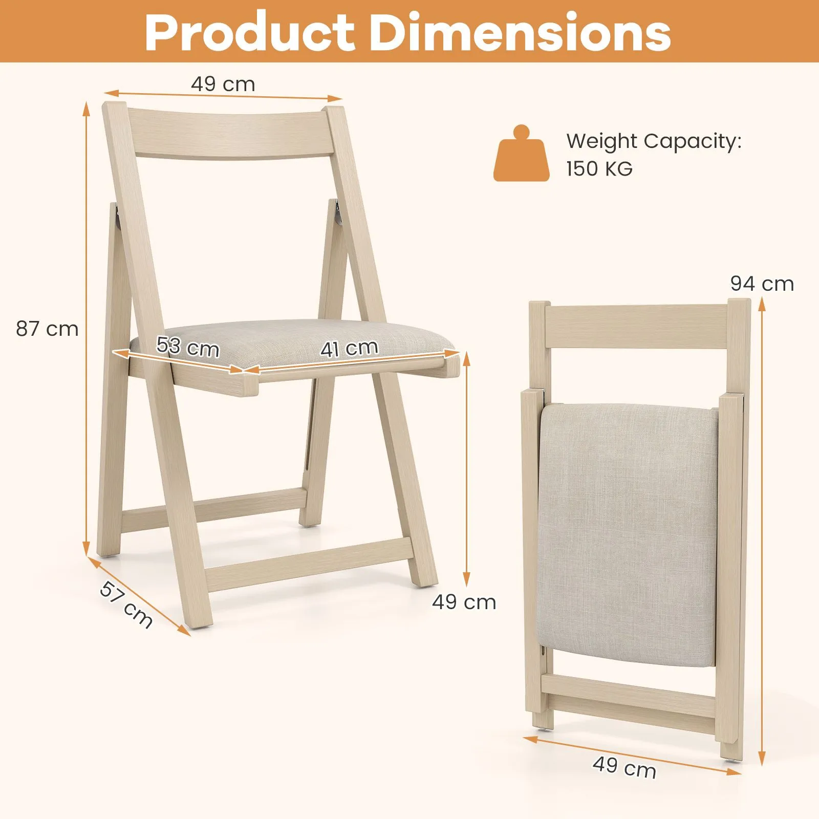 Costway Foldable Dining Chair Set of 4 Accent Armless Kitchen Chair in Beige 2