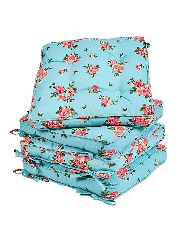 Dibor Set of 4 Floral Blue Summer Outdoor Garden Chair Seat Pad Box Cushions W45 x L45cm 2