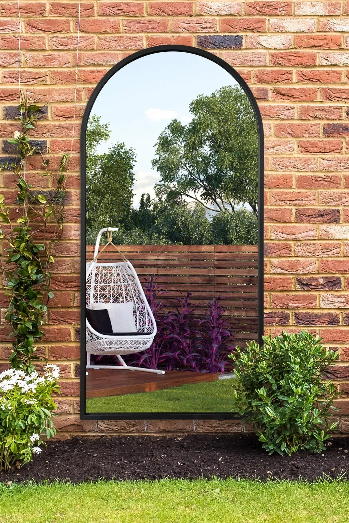 MirrorOutlet Black Metal Framed Arched Garden Wall Mirror 63" X 31" (160CM X 80CM)
