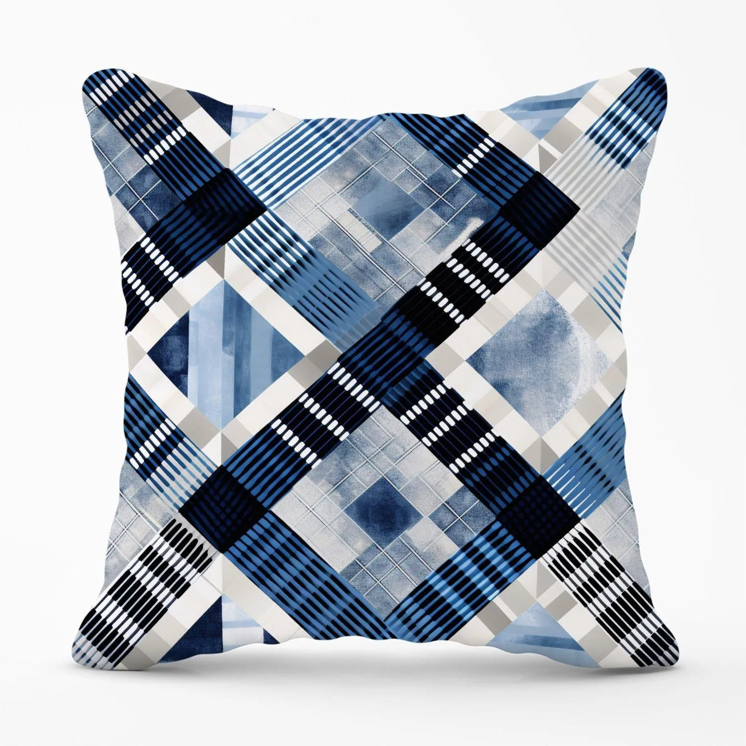 Warren Reed - Designer Checkered Square Black & Blue Outdoor Cushion
