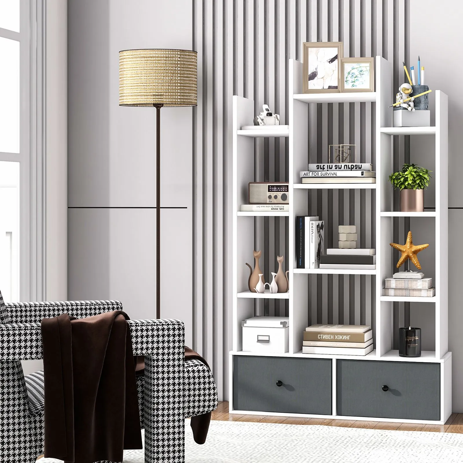 Costway 12 Tier Bookshelf Open Storage Wood Bookcase Organizer Display Shelf in White 6