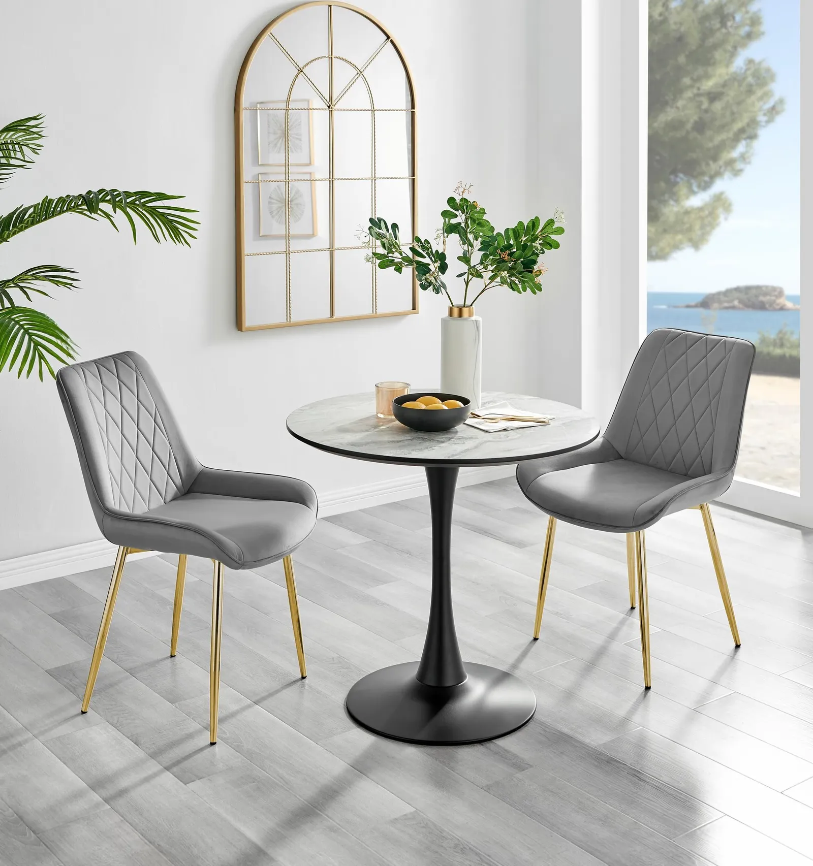 FurnitureboxUK Elina White Marble Effect Scratch Resistant Dining Table & 2 Pesaro Gold Leg Velvet Chairs in Grey 1