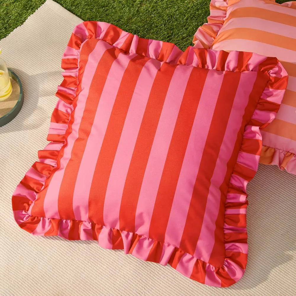 Furn Palm Royale Stripe Ruffle Printed Outdoor Cushion in Red