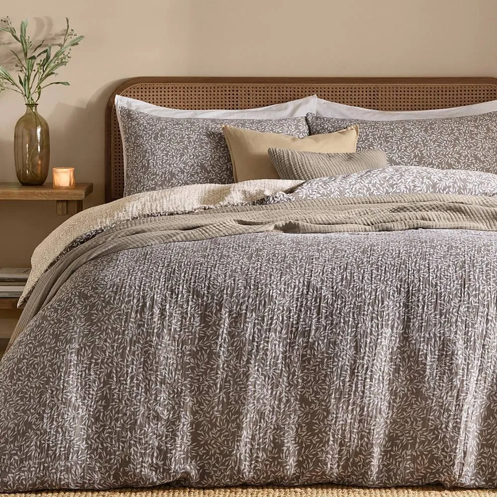 Yard Perrie Leaf Muslin 100% Cotton Duvet Cover Set in Taupe 1