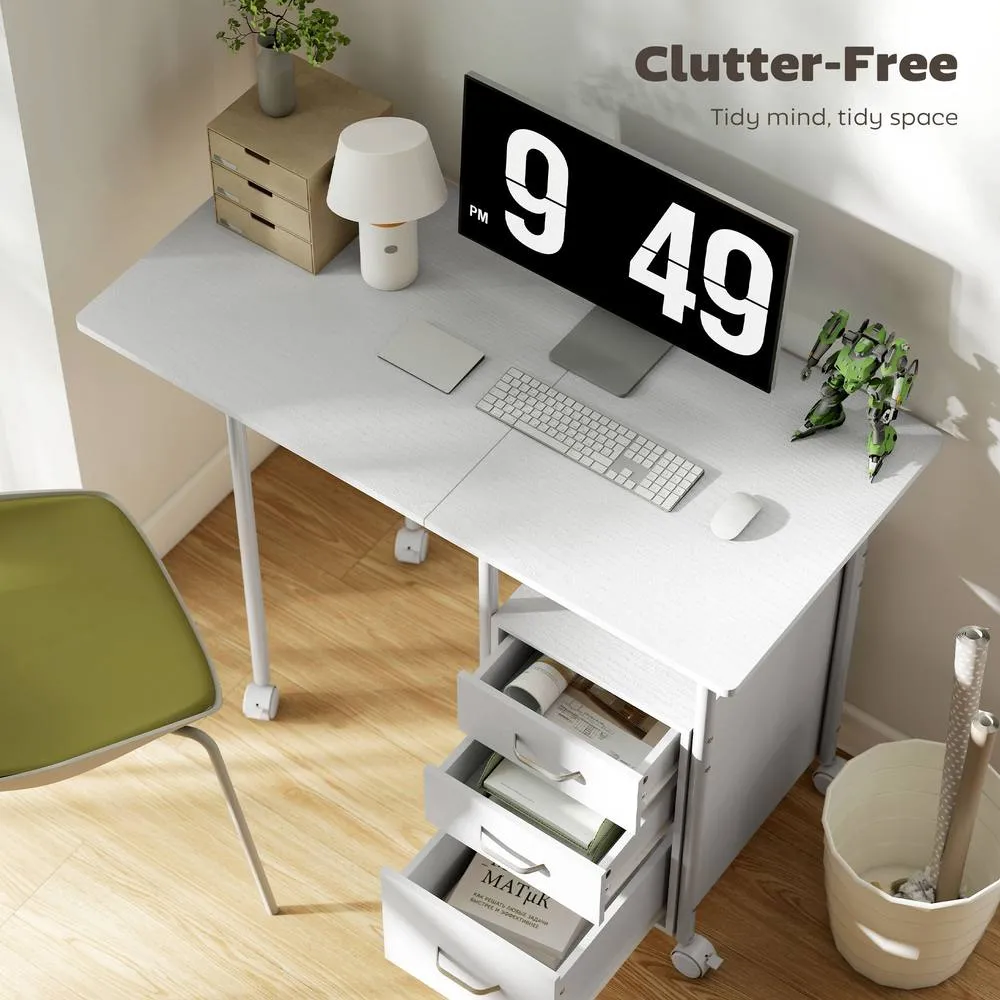 HOMCOM 105 x 51 cm Foldable Computer Desk with 3 Drawers, White 5