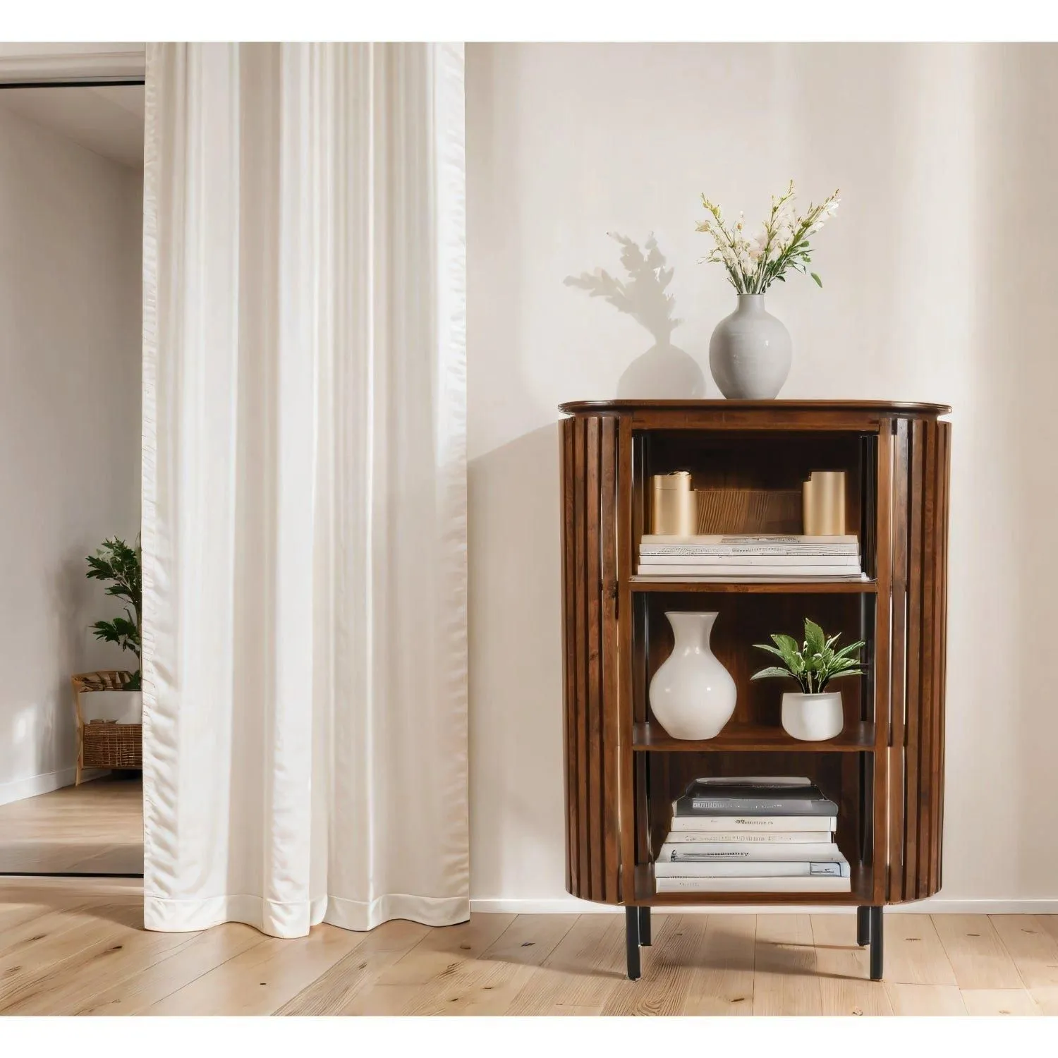 IH Design Carney Slatted Mango Wood Bookcase- Medium High in Brown 5