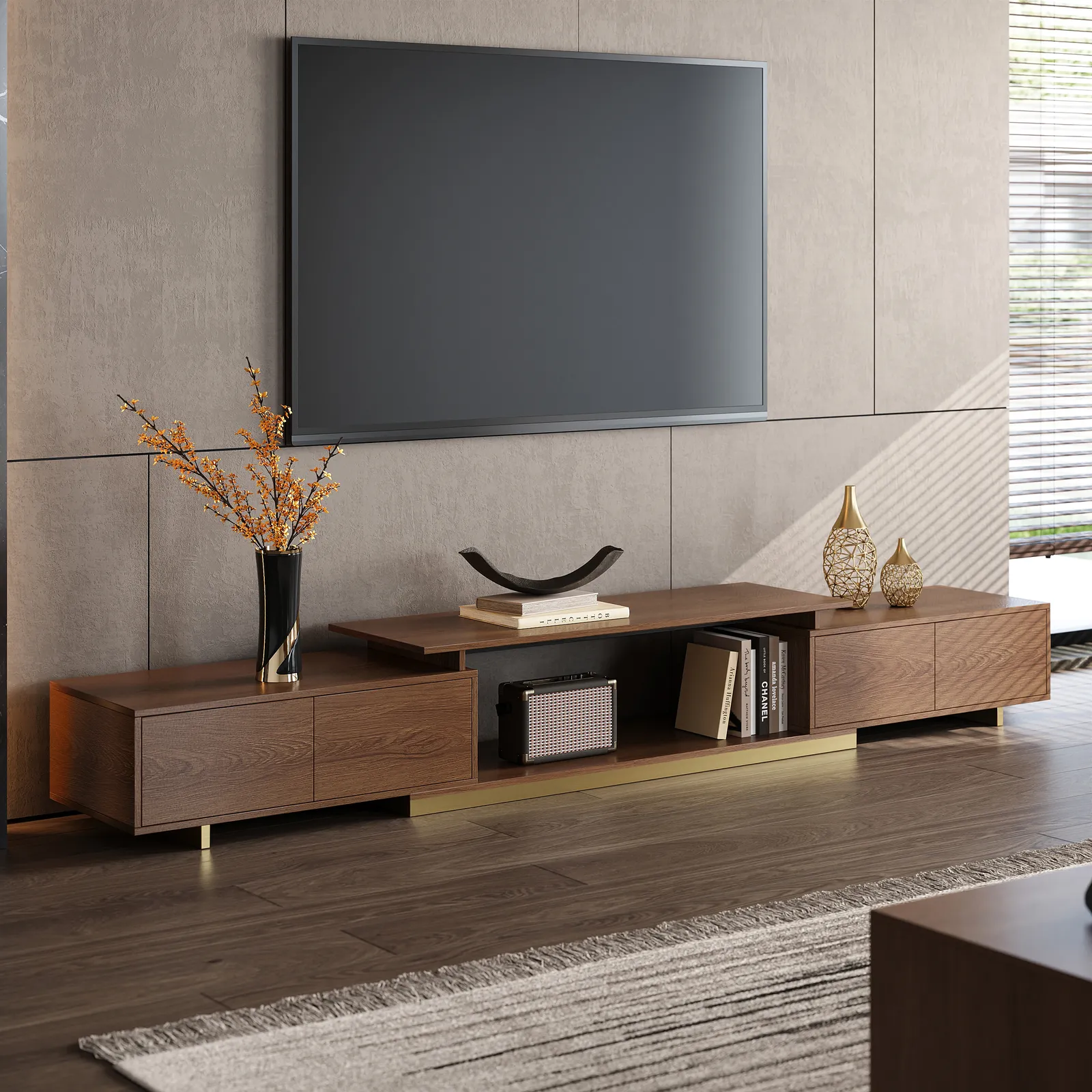 Mordel Modern Rectangle Glossy Walnut Extendable TV Stand Storage for 160 - 240 cm TV