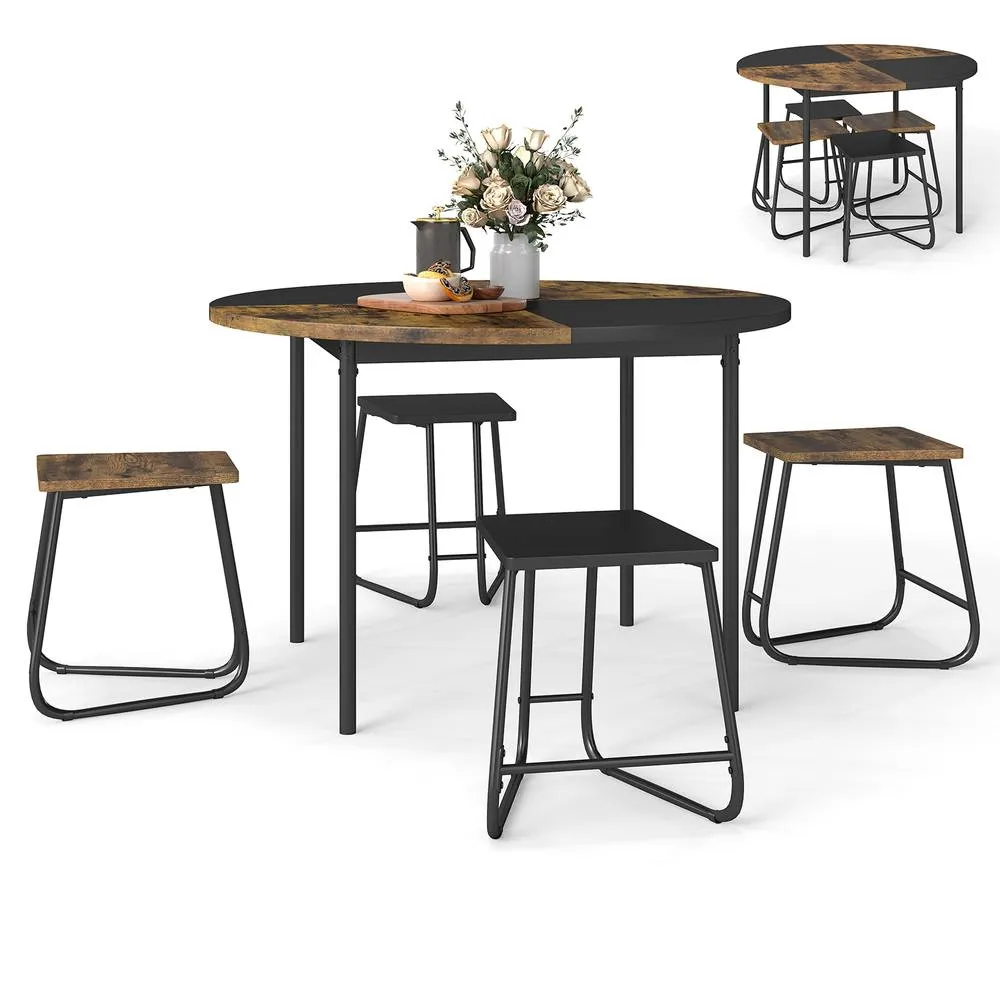 Costway 5PCS Dining Set Round Kitchen Table &4 Stools Space-Saving Dinette Set 4