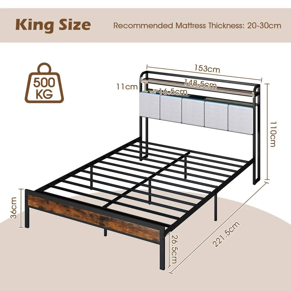 Costway King Size Bed Frame w/ LED Light & Charging Station-Brown in Brown 2