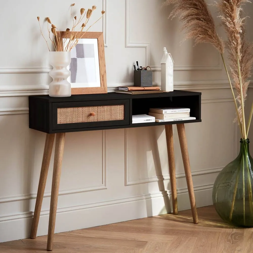 sweeek 100cm Wood & Cane Decor Console Table in Black 1