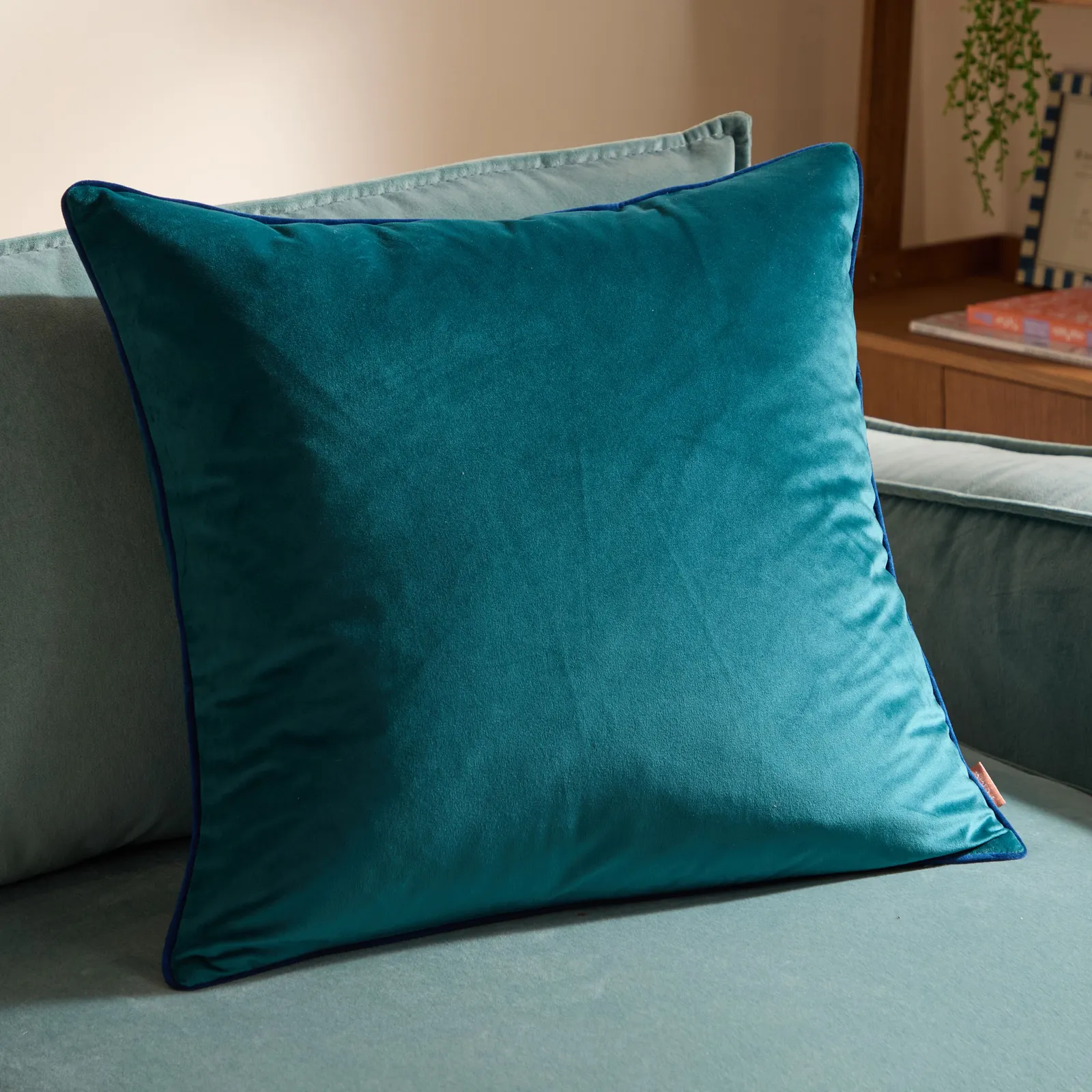 Furn Meridian Velvet Piped Cushion in Mid Blue