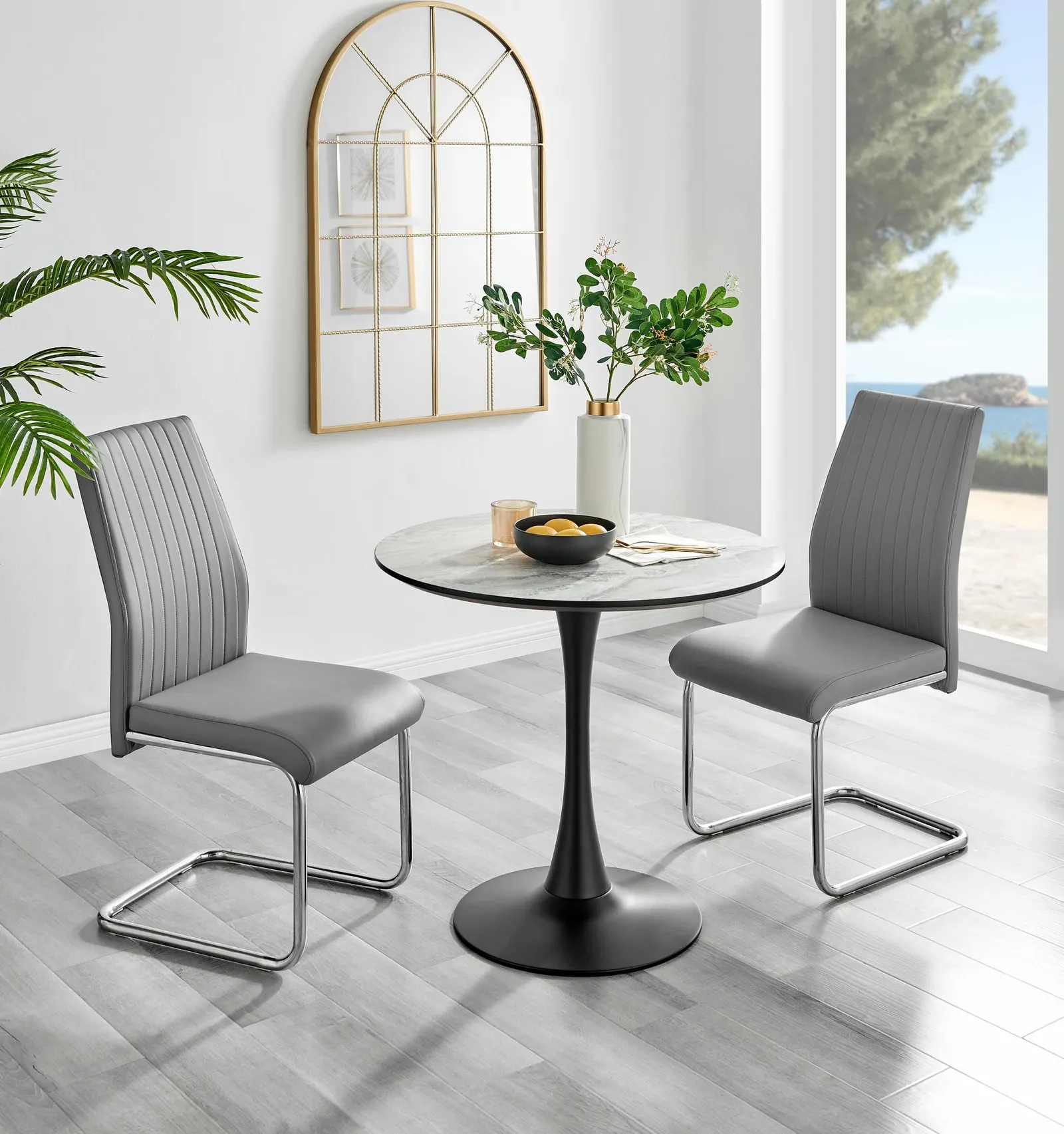 FurnitureboxUK Elina White Marble Effect Scratch Resistant Dining Table & 2 Lorenzo Faux Leather Chairs in Grey 1
