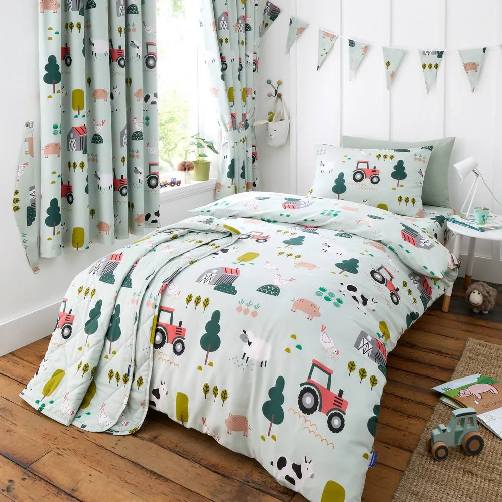 Happy Linen Company Barn Yard Farm Animals Reversible Duvet Cover Bedding Set in Green