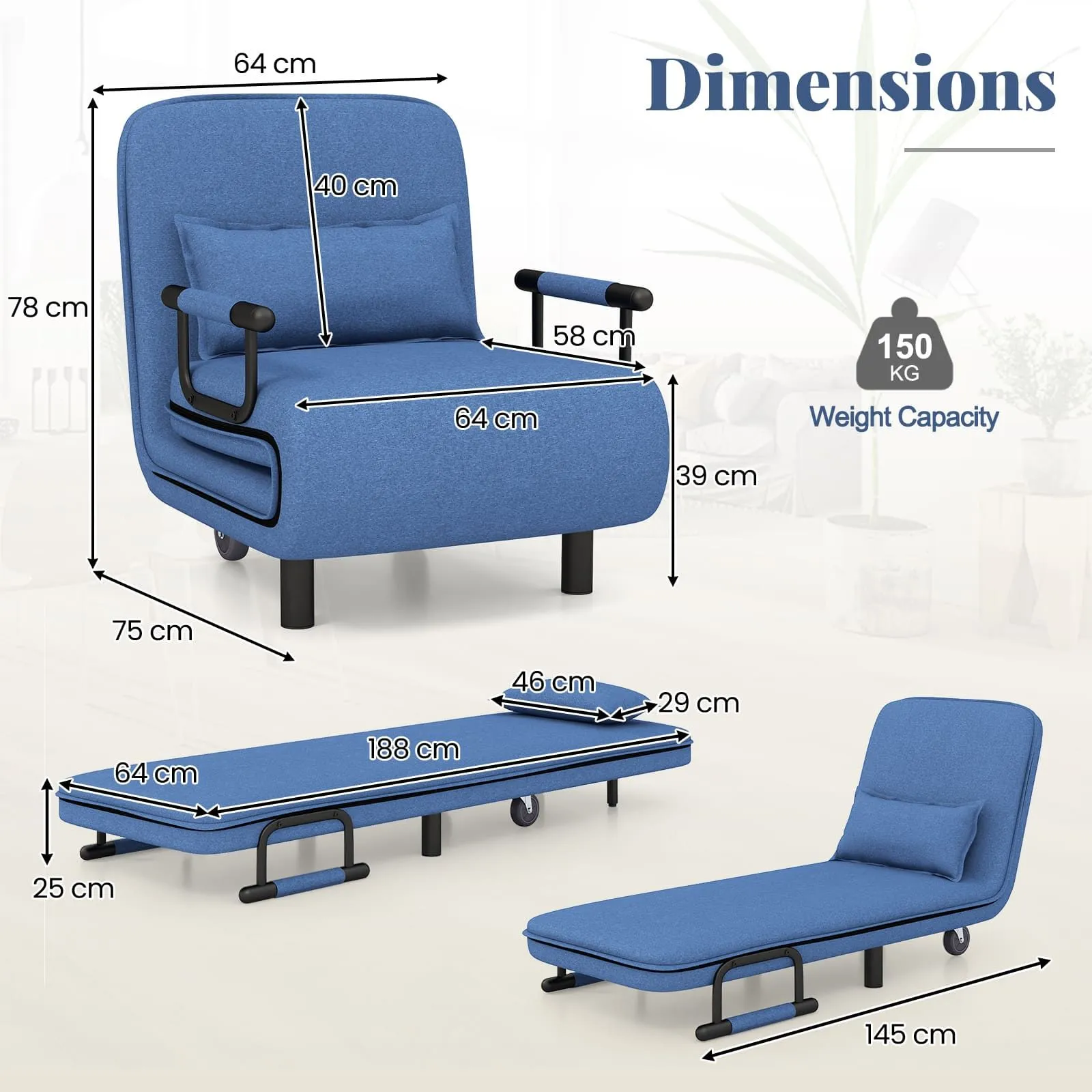 Costway Single Folding Sofa Bed Chair Modern Fabric Sleep Function Holder-Blue in Blue 2