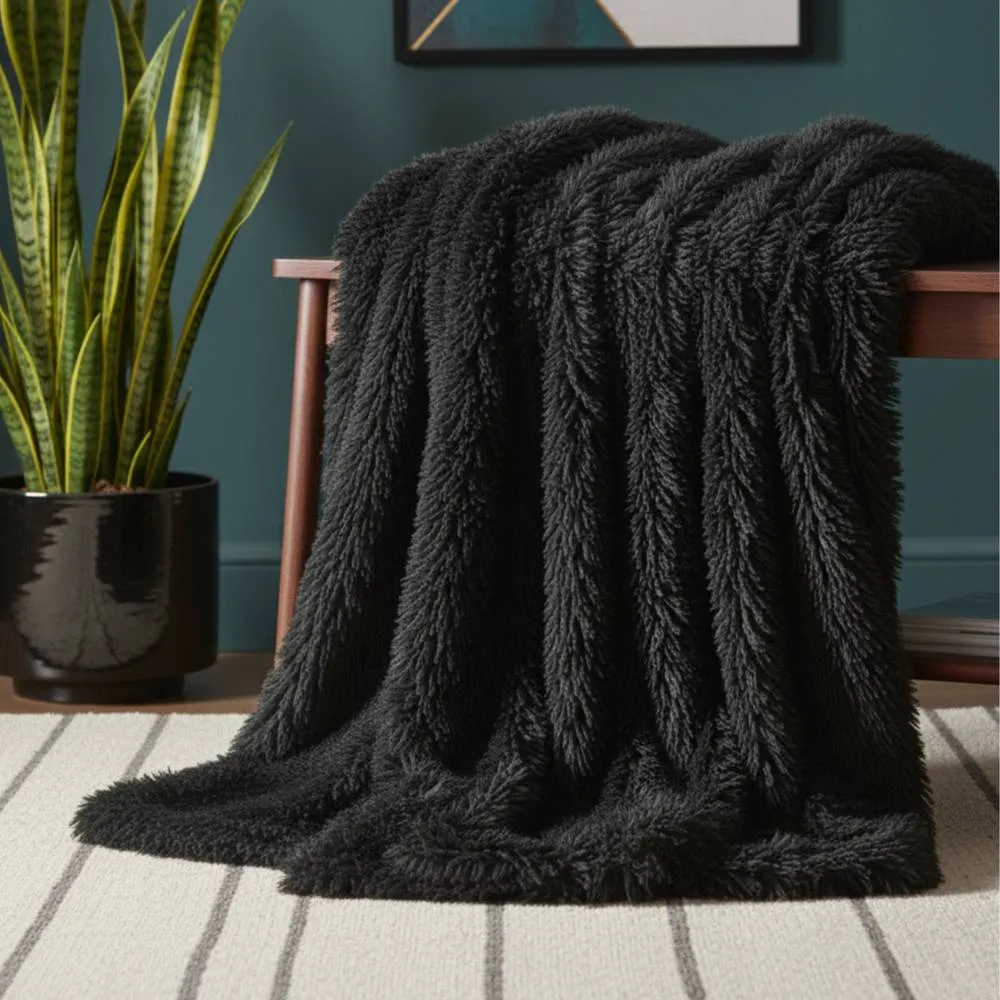 Snug City Cuddly Extra Fluffy Throw Ultra Soft Plush Blanket Sofa Bed Home Decor in Black