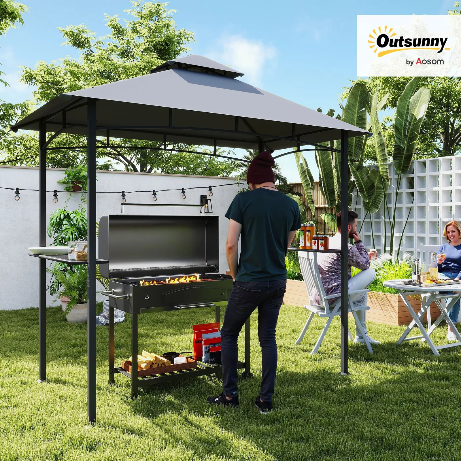 OUTSUNNY Outdoor Double-tier BBQ Gazebo Shelter Grill Canopy Barbecue Tent in Grey