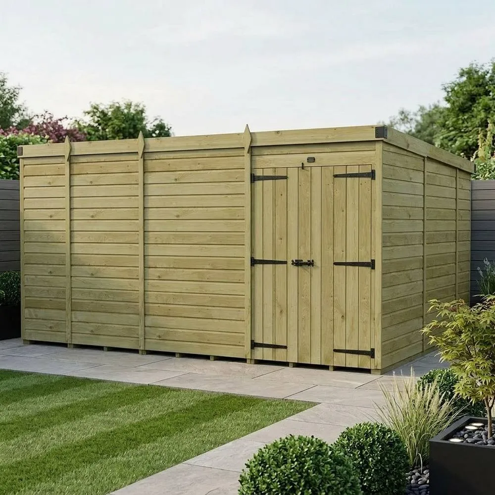 Buttercup Farm 13ft x 10ft Pent Garden Shed Double Door No Windows - Timber in Brown 2