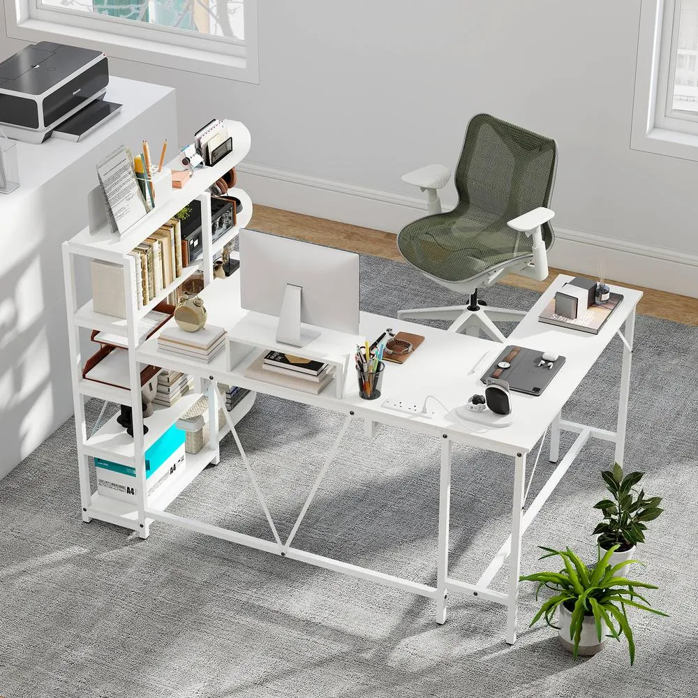 Costway L Shaped Desk with Corner Computer Desk White 3