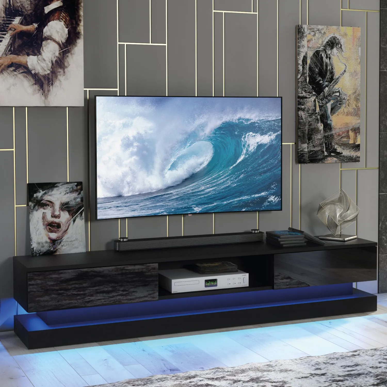 Creative Furniture Bloom TV Unit 180cm - A Functional & Contemporary Cabinet with Gloss Doors & LED Lights in Black