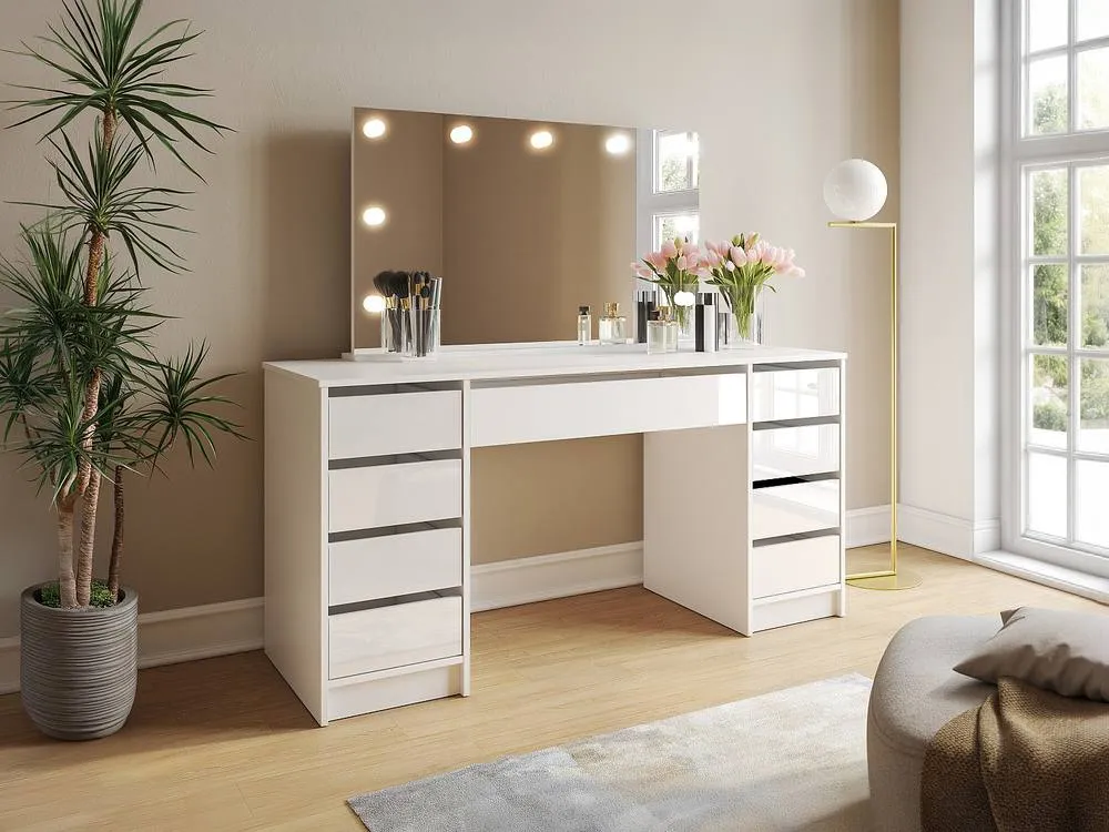 Vente-unique Double Dressing Table With LED Mirror - 9 Drawers - Gloss White 3