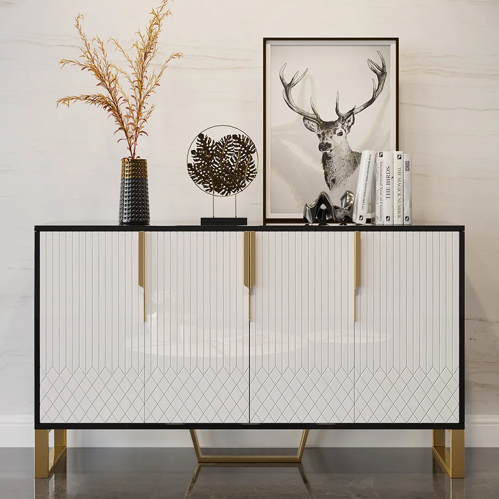 Aro Modern White and Black 150 cm Wide Wood Sideboard Buffet 4 Doors for Kitchen Storage