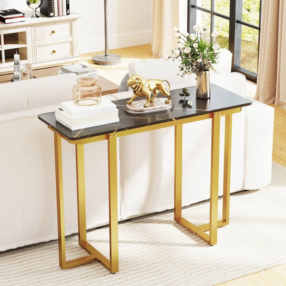 Costway Console Table Modern Faux Marble Entryway Table Black & Gold 4