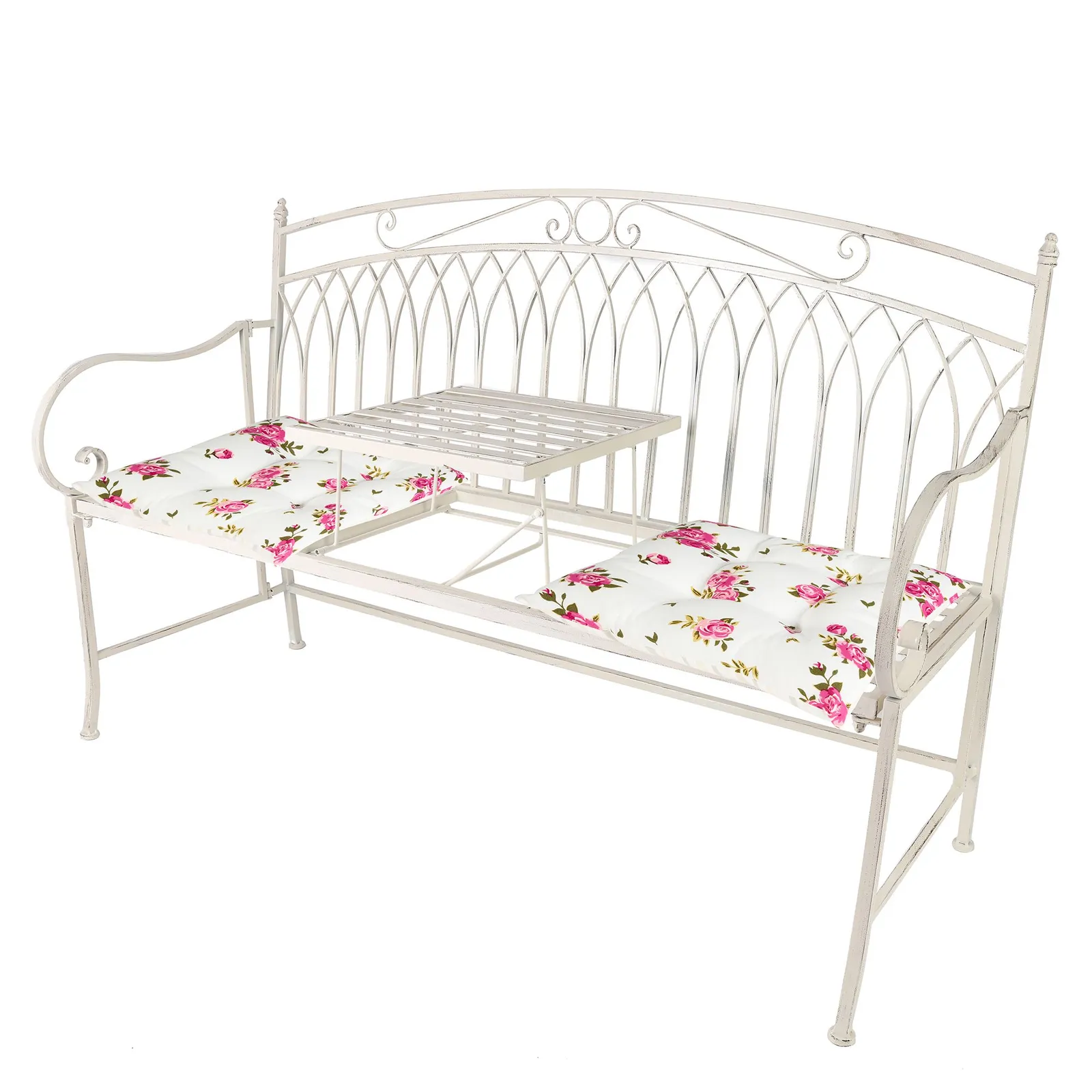 Dibor Vintage Large Cream Arched Outdoor Garden Furniture Companion Seat Bench with Free Set of 2 Pink Seat Pad Cushions