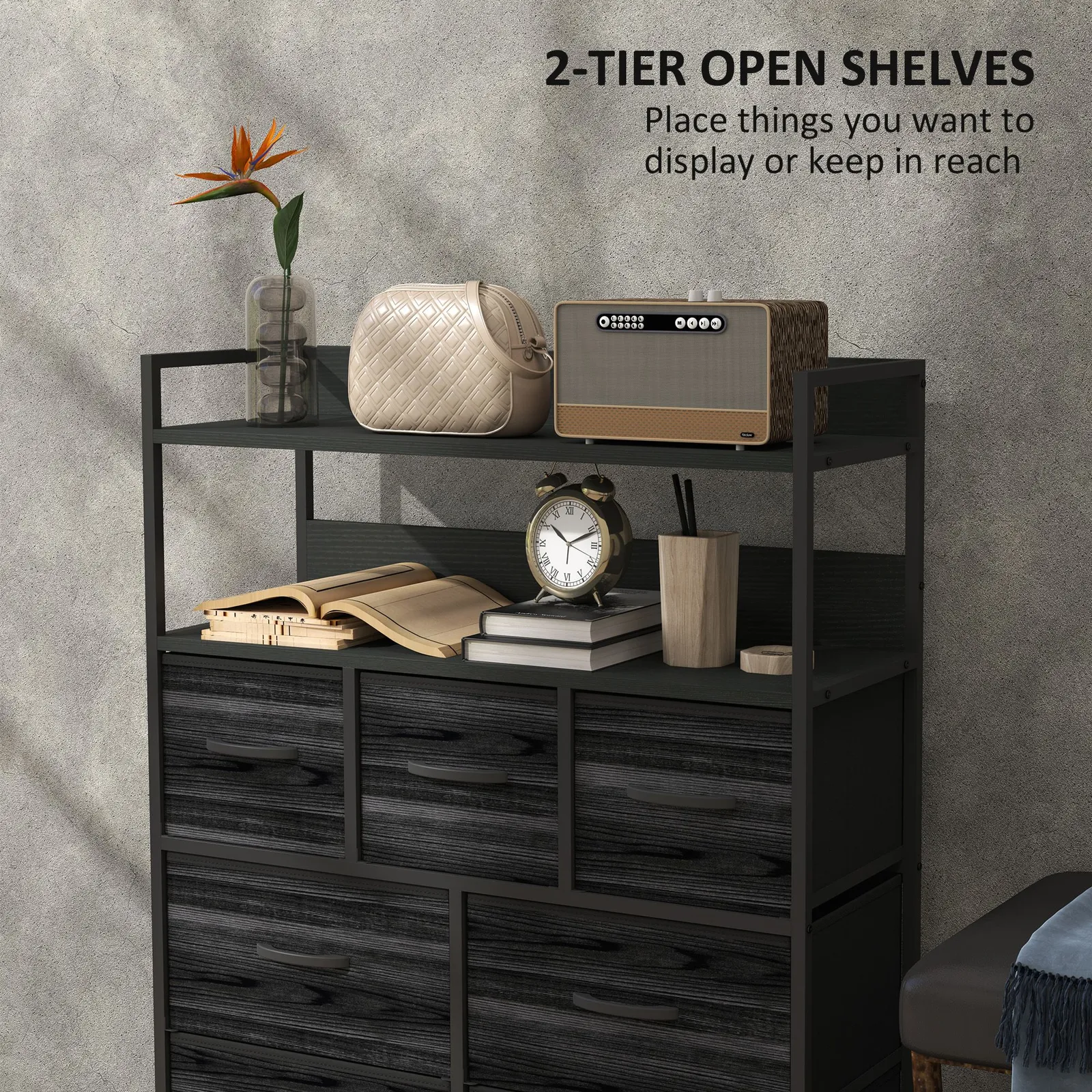 HOMCOM Bedroom Chest of Drawers 7 Drawer Dresser w/ Shelves in Black 5
