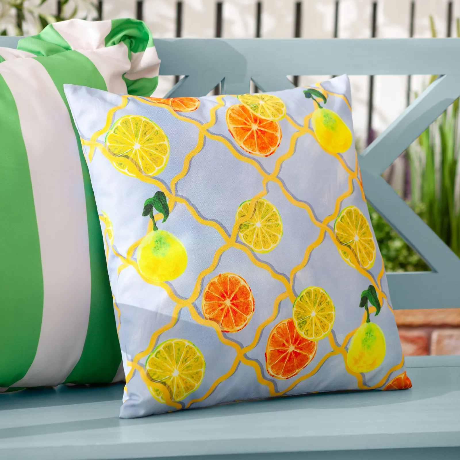 Wylder Citrus Trellis Printed Outdoor Cushion in Blue