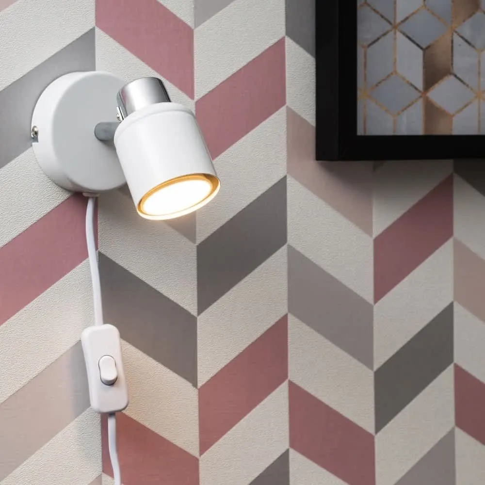 ValueLights Benton Pair of White & Chrome Plug In Spotlight Wall Lights with Bulbs in Silver 2