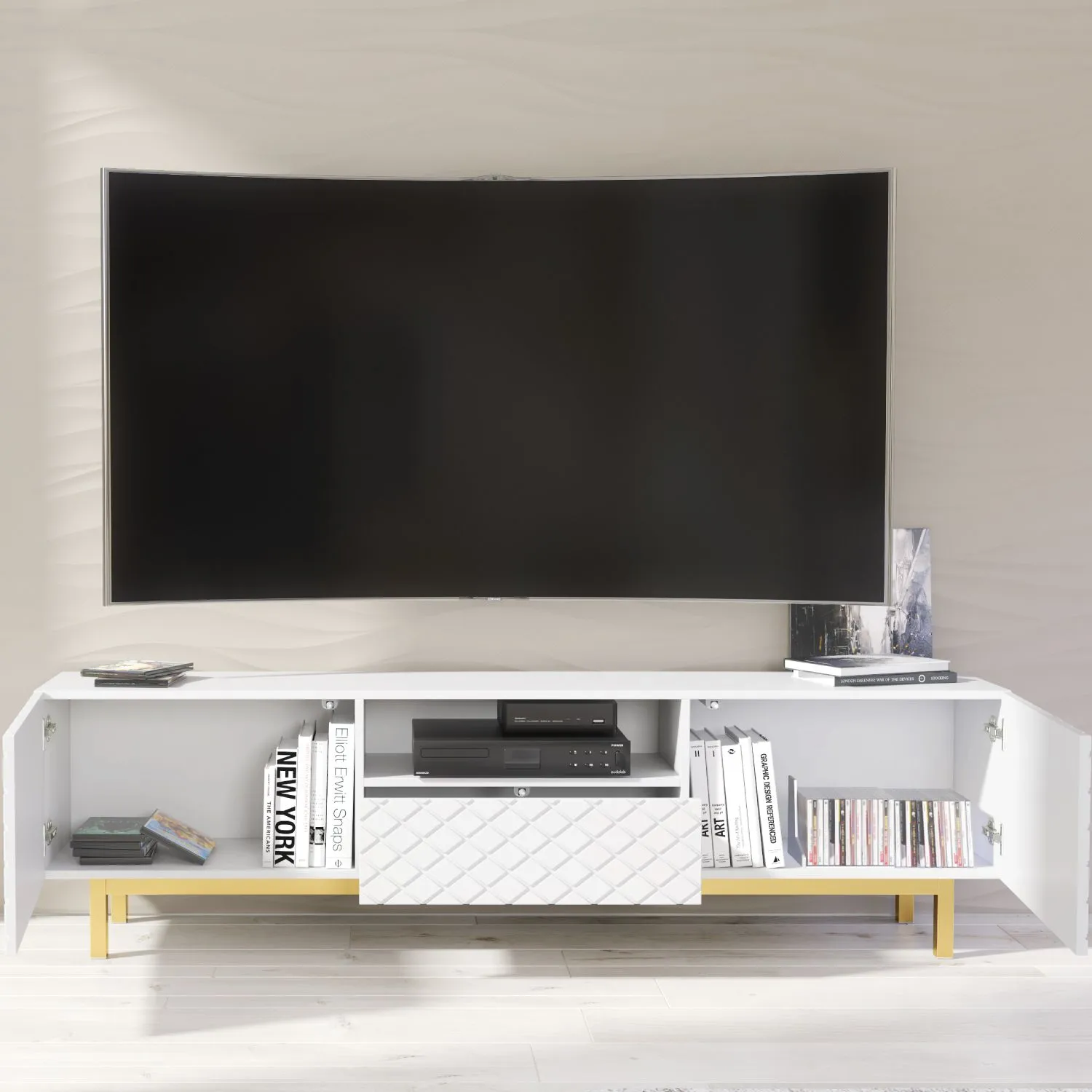 Creative Furniture Diamond Luxe TV Unit 180cm - Luxury Cabinet with Push to Open Storage in White 3