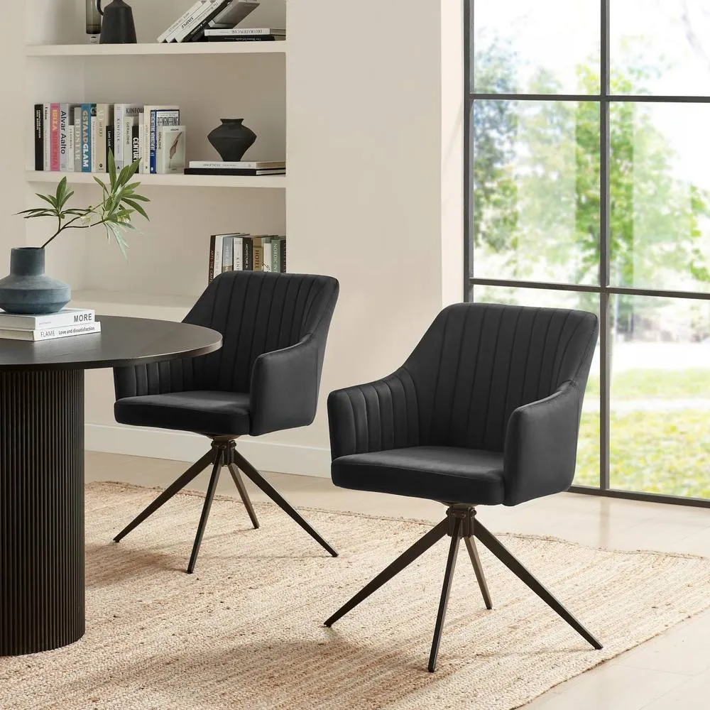 FurnitureboxUK 2x Calla Black Velvet Swivel Dining Chairs 2