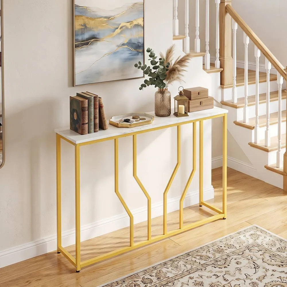 Costway Gold Console Table Modern White Faux Marble Entryway Table 6