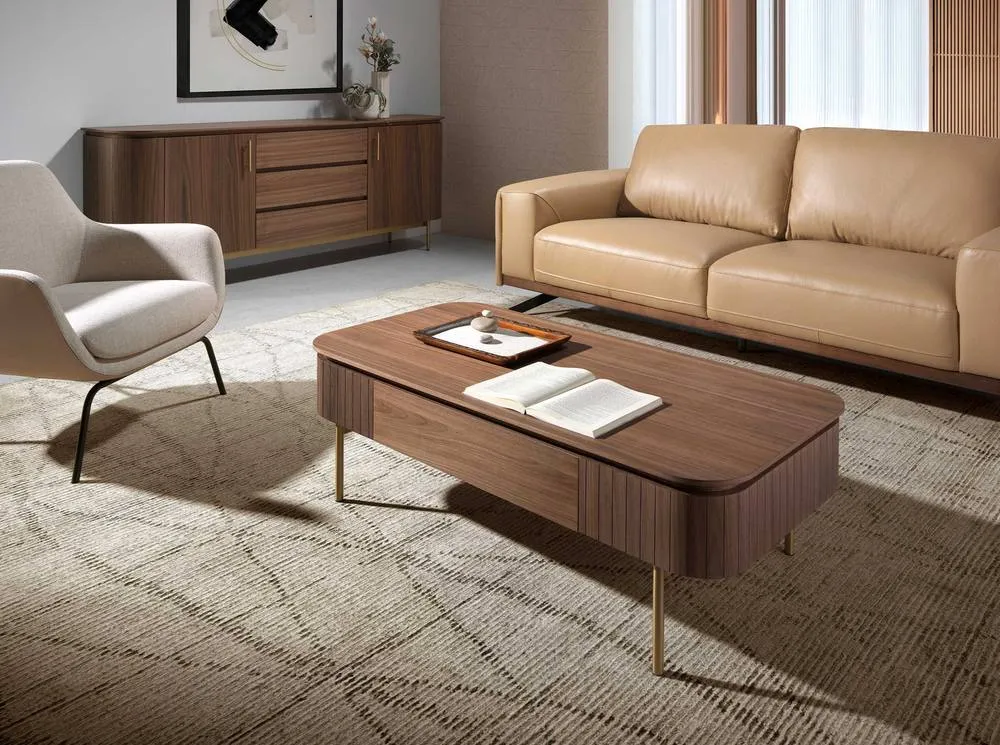 Angel Cerda Walnut Veneer Rectangular Coffee Table with Gold Legs in Brown 3