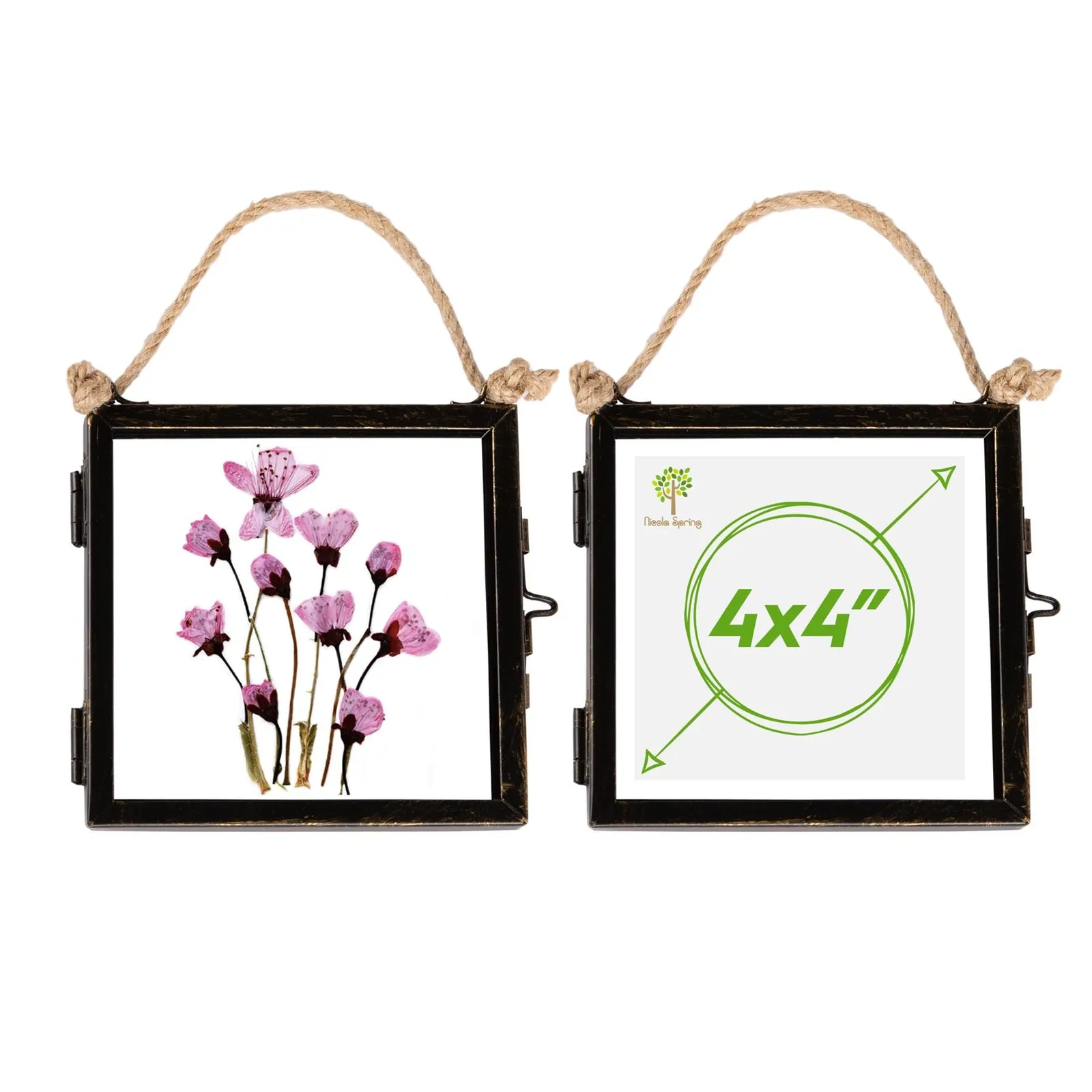 Nicola Spring 2x Hanging Metal Photo Frames - 4" x 4" - Black - Picture Frame Wall Mounted Frame with Rope
